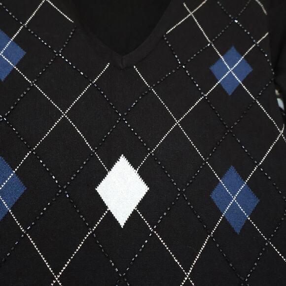 Vintage INC International Concepts Silk Beaded Argyle Black Blue Sweater Preppy - Picture 2 of 9